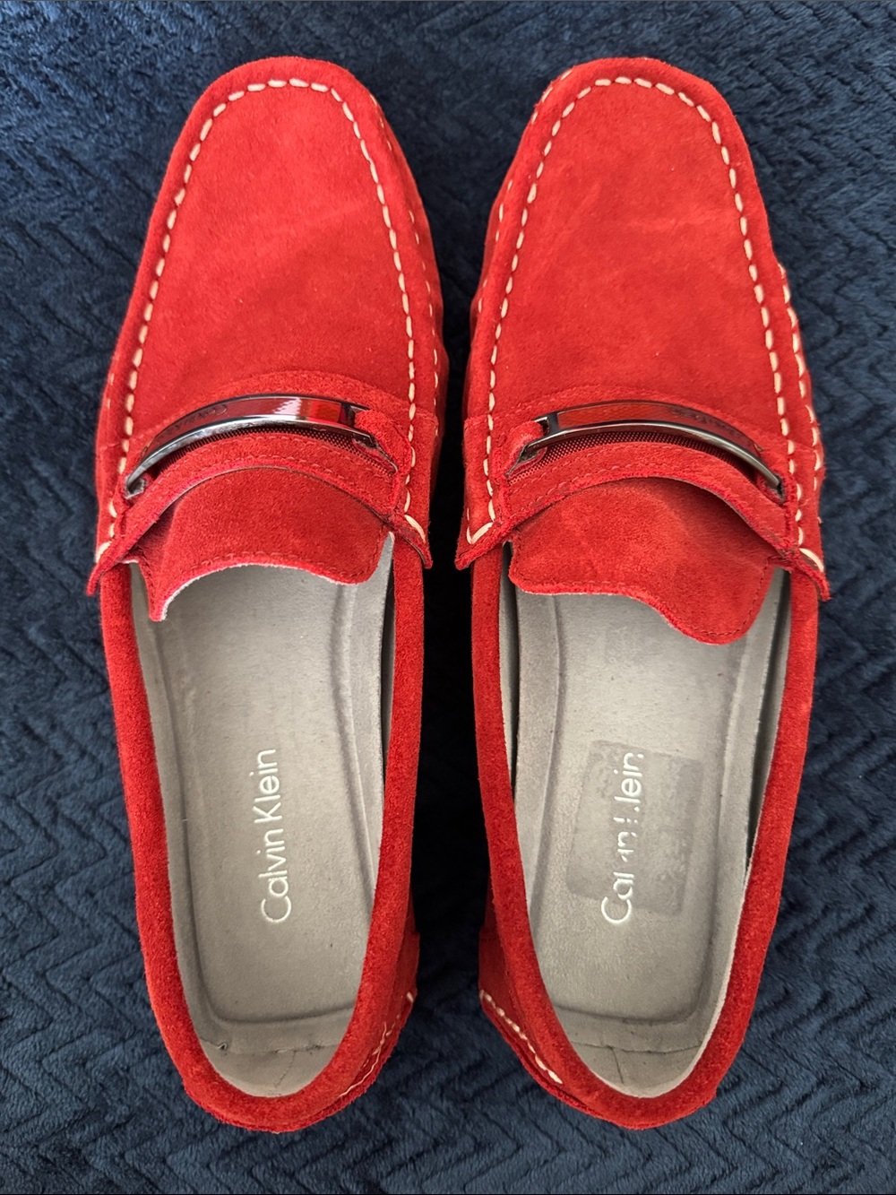 NWT, Calvin Klein Men’s Red Suede Slip-On Loafers with Metal Bit!